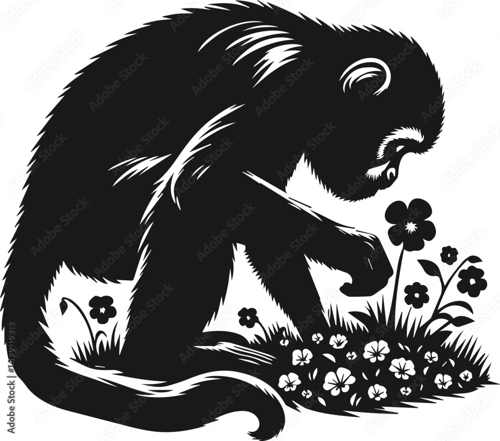 Obraz premium Black vector silhouette of monkey with flower