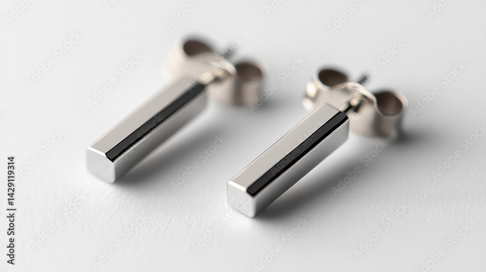 Simple line earrings in white gold with straight bar design, isolated on white background Simple line earrings in white gold with straight bar design, isolated on white background