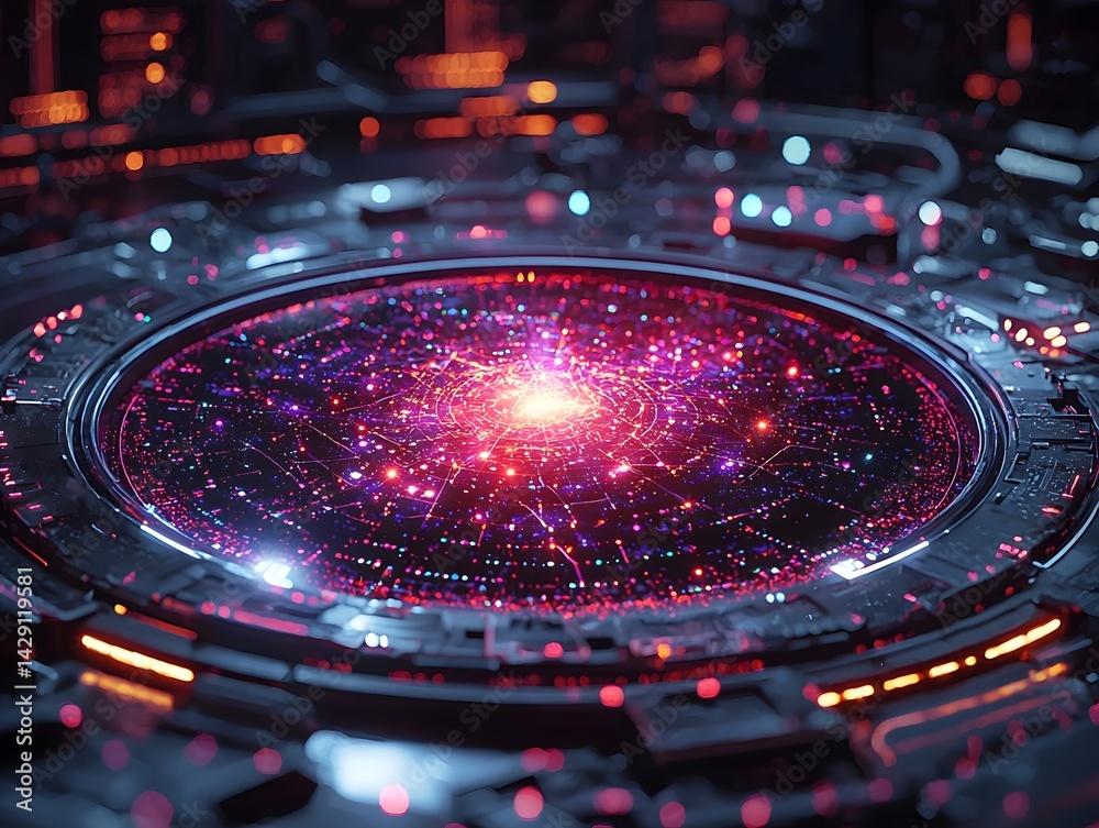 Glowing futuristic hologram displaying a complex neural network pattern in a high tech laboratory