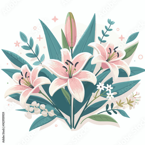 floral, lily, flower, nature, blossom, plant, white, background, spring, flora, bouquet, isolated, botanical, decoration, summer, botany, leaf, bloom, beautiful, green, closeup, petal, illustration, g