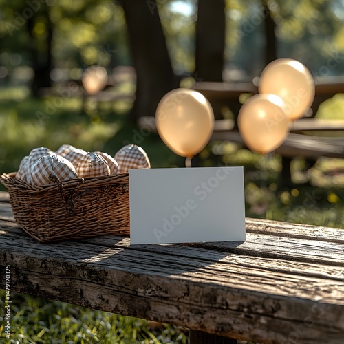 A peaceful picnic scene with a blank white gift card on a park bench surrounded by balloons and a wicker basket