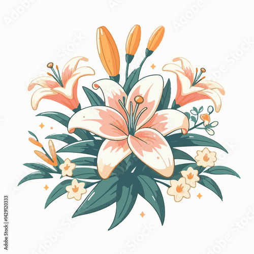 floral, lily, flower, nature, blossom, plant, white, background, spring, flora, bouquet, isolated, botanical, decoration, summer, botany, leaf, bloom, beautiful, green, closeup, petal, illustration, g
