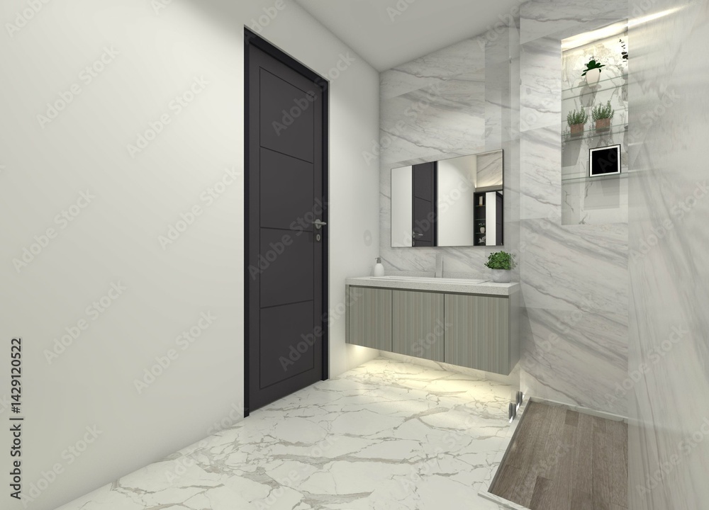 Fototapeta premium 3D Modern bathroom interior design with a sink cabinet and a mirror panel.