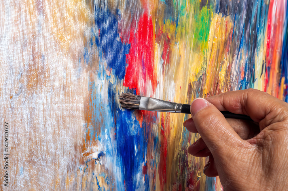 The image shows a close-up of a hand holding a paintbrush, applying strokes to a colorful, abstract painting on a canvas