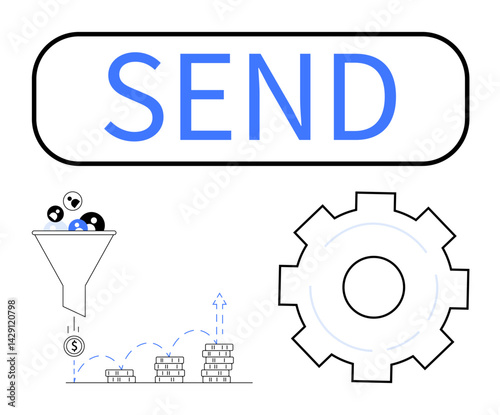 Button labeled SEND, funnel filtering icons into money, stacked coins showing growth, and gear icon. Ideal for business automation, email campaigns, digital strategy, financial growth, marketing