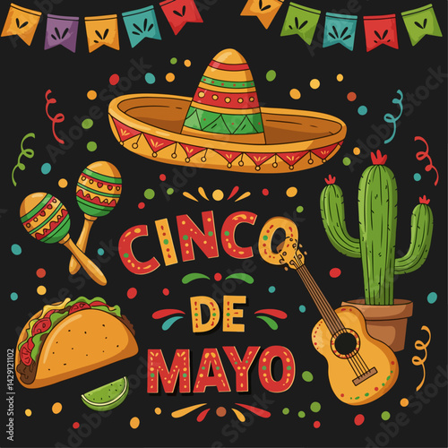 Colorful Cinco de Mayo celebration illustration featuring tacos, sombrero, maracas, cactus, and festive elements on a dark background. Perfect for Mexican holiday themes, party invitations