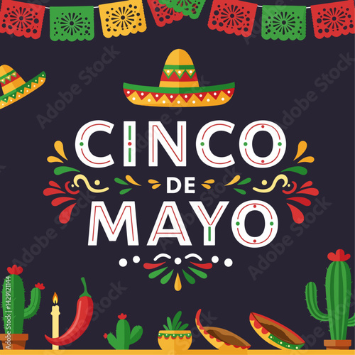 Colorful Cinco de Mayo celebration illustration featuring tacos, sombrero, maracas, cactus, and festive elements on a dark background. Perfect for Mexican holiday themes, party invitations