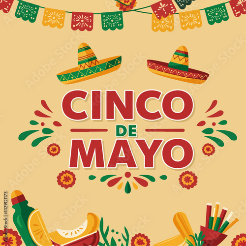 Colorful Cinco de Mayo celebration illustration featuring tacos, sombrero, maracas, cactus, and festive elements on a bright background. Perfect for Mexican holiday themes, party invitations