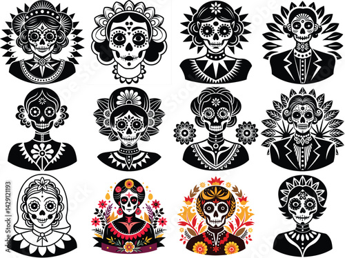 Día de los muertos poster silhouette vector illustration isolated on white background.
