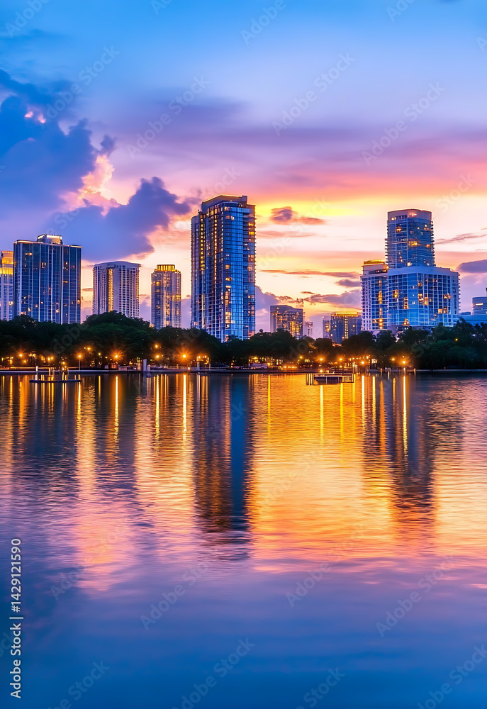 Fototapeta premium View of the city's tall buildings and skyline reflected in the calm water at sunset. high resolution ai generate image