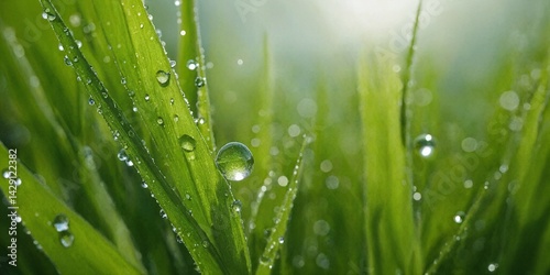 Tautropfen auf frischem grünen Grashalm im Sonnenlicht mit weichem Bokeh im Hintergrund
