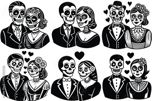 Set of calavera couple in Love silhouette vector illustration isolated on white background.