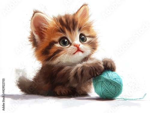 A whimsical portrait of a fluffy kitten, its large eyes gazing innocently, playfully batting at a ball of teal yarn, full of charm and innocence.