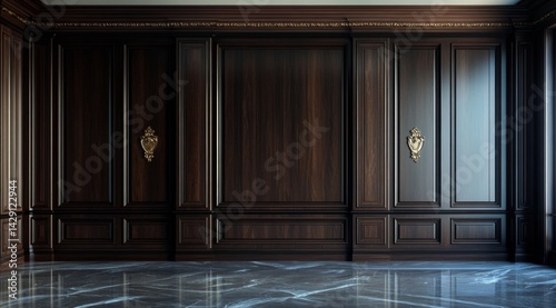 Dark  opulent  paneled room with intricate detailing.  Rich  wooden wall paneling creates a stately atmosphere.  A polished stone floor complements the decor