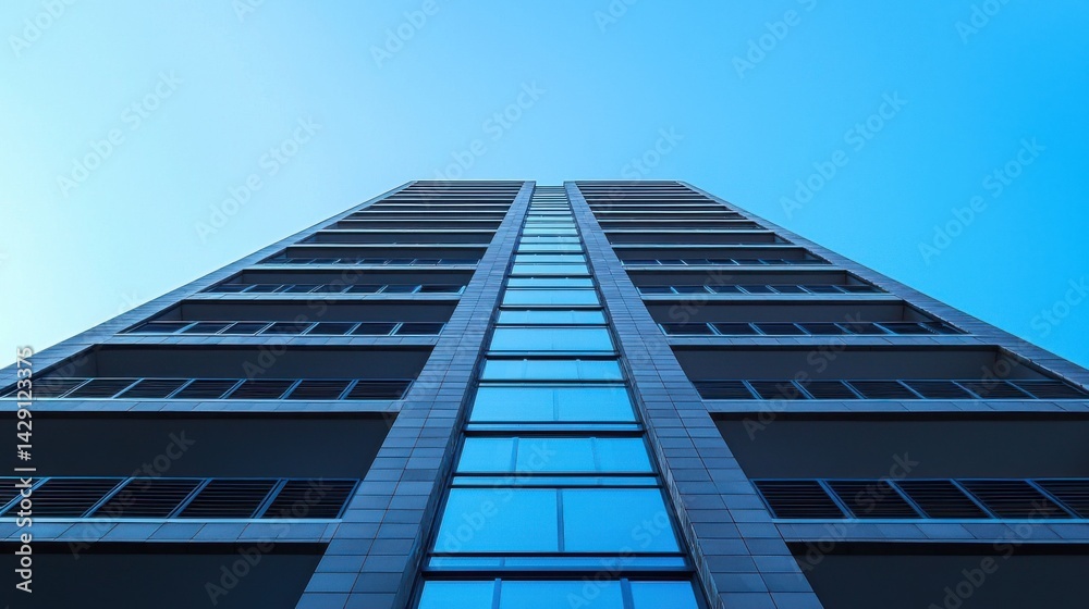 A tall building with many windows and a blue sky in the background A tall building with many windows and a blue sky in the background