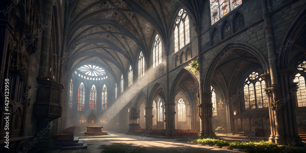 Fototapeta premium Explore the grand gothic cathedral interior with stained glass windows and sun rays shining through