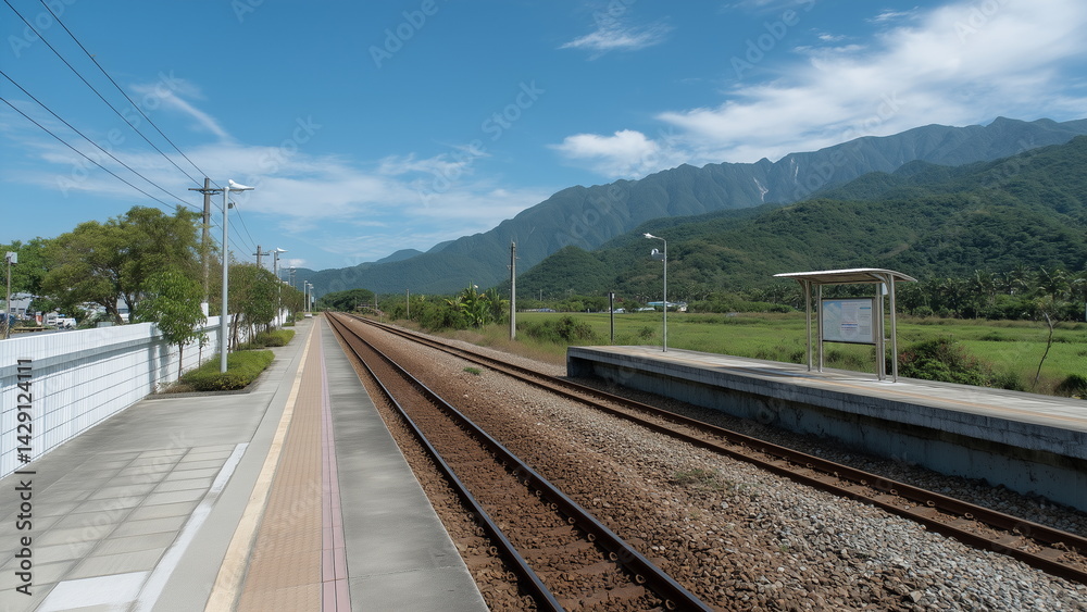 Fototapeta premium A train station platform and track at the countryside rural area, green grass field surrounded by distance mountain range, under clear blue sky