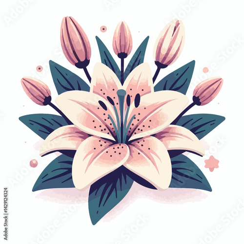 floral, lily, flower, nature, blossom, plant, white, background, spring, flora, bouquet, isolated, botanical, decoration, summer, botany, leaf, bloom, beautiful, green, closeup, petal, illustration, g