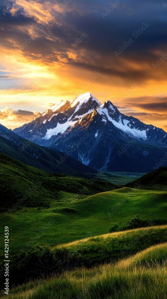 Fototapeta premium A mountain range with a beautiful sunset in the background