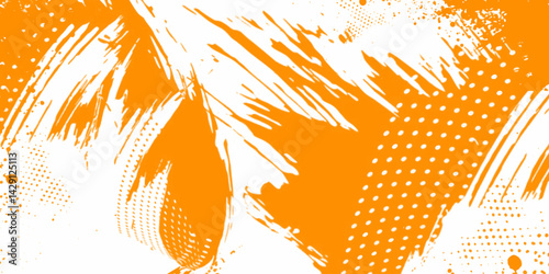 abstract halftone background with bold orange paint strokes, halftone dot patterns, splatter effects