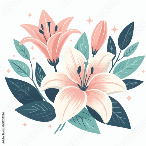 floral, lily, flower, nature, blossom, plant, white, background, spring, flora, bouquet, isolated, botanical, decoration, summer, botany, leaf, bloom, beautiful, green, closeup, petal, illustration, g