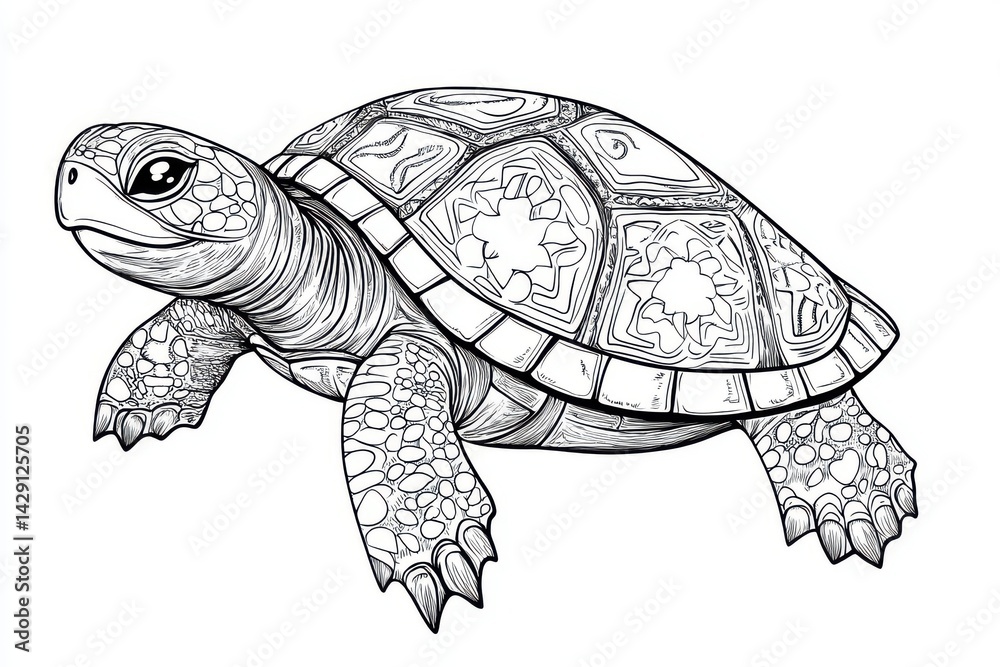 Fototapeta premium Detailed monochrome illustration of a turtle with intricate shell design