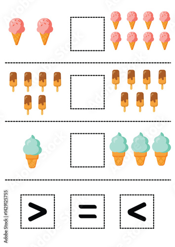 Comparing Numbers with Ice Cream Math Worksheet for Kids Learning More Than, Less Than, Equals A fun educational activity for preschoolers and kindergarteners