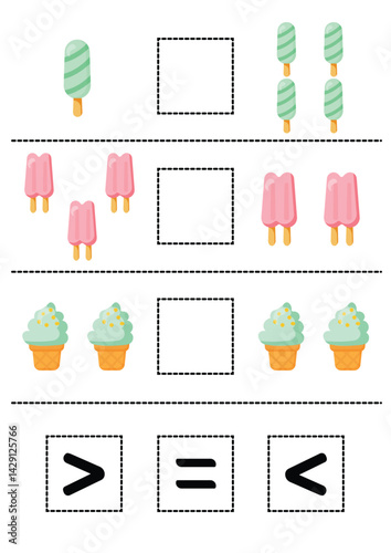 Comparing Numbers with Ice Cream Math Worksheet for Kids Learning More Than, Less Than, Equals A fun educational activity for preschoolers and kindergarteners