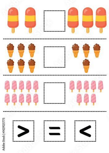 Comparing Numbers with Ice Cream Math Worksheet for Kids Learning More Than, Less Than, Equals A fun educational activity for preschoolers and kindergarteners