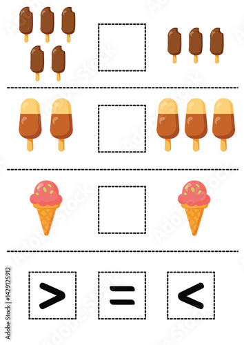 Comparing Numbers with Ice Cream Math Worksheet for Kids Learning More Than, Less Than, Equals A fun educational activity for preschoolers and kindergarteners