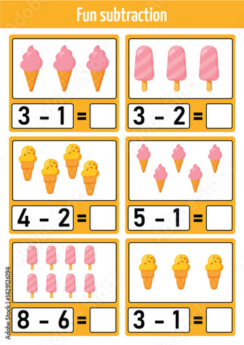Fun subtraction practice for kids Learning math with cute ice cream illustrations Educational worksheet for preschoolers and kindergarteners Engaging activity for early childhood education 