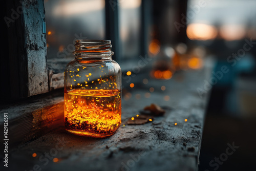 Glass jar filled with fire, glowing brightly against a dark background, creating a mesmerizing and warm ambiance.