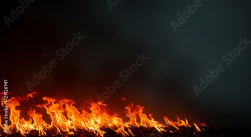 Flames Spreading Intense Fire Against Dark Background  