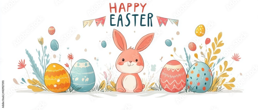Celebrate Easter with a delightful bunny, vibrant eggs, and cheerful decorations in a charming clipart design for festive fun Celebrate Easter with a delightful bunny, vibrant eggs, and cheerful decorations in a charming clipart design for festive fun