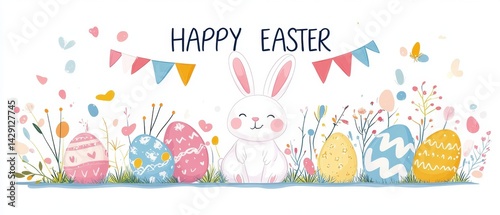 Delightful Easter clipart featuring a cheerful bunny, colorful eggs, and festive bunting celebrating the joy of springtime