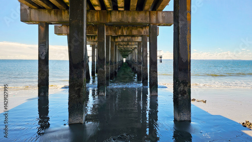 Pier Structure Overlooking the Ocean. A captivating view from beneath a pier, with the repeating columns creating an intriguing perspective as they stretch out into the ocean.