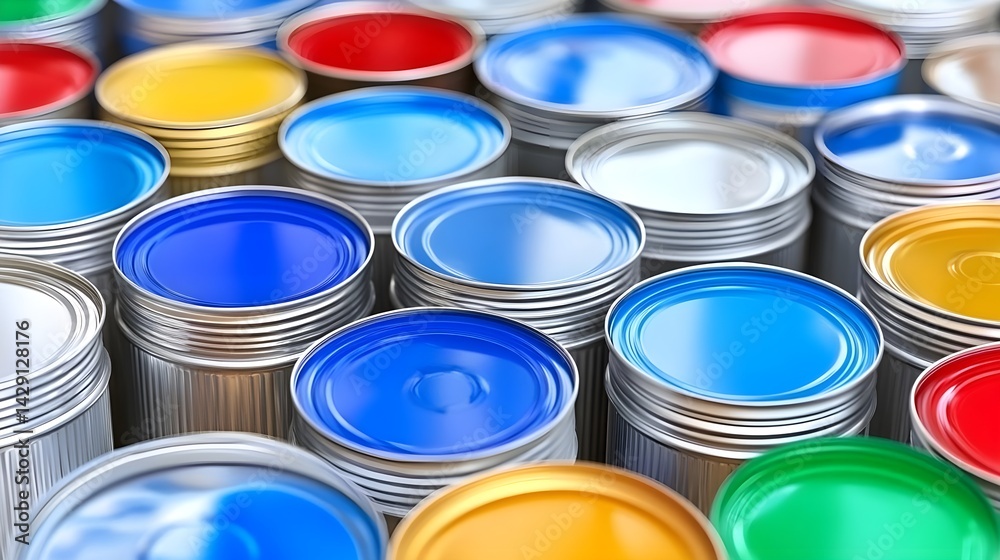 Fototapeta premium Colorful paint cans arrangement art studio product photography creative workspace aerial view visual design