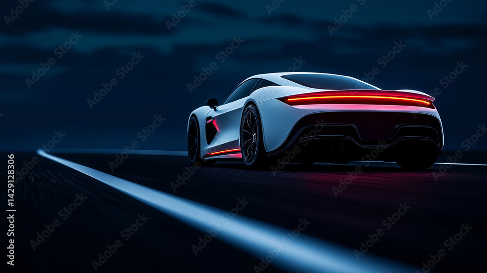 Naklejka premium futuristic concept car with sleek lines and glowing accents is showcased against dark, moody backdrop, emphasizing its modern design and innovative features