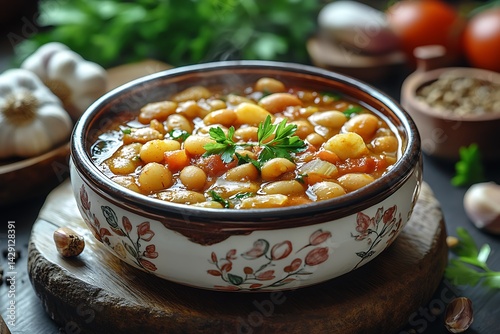 Rustic bowl of steaming white bean stew with fresh herbs and vegetables