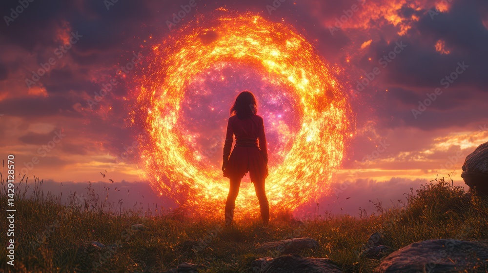 Fototapeta premium Silhouette of a person standing before a fiery portal in an outdoor setting.