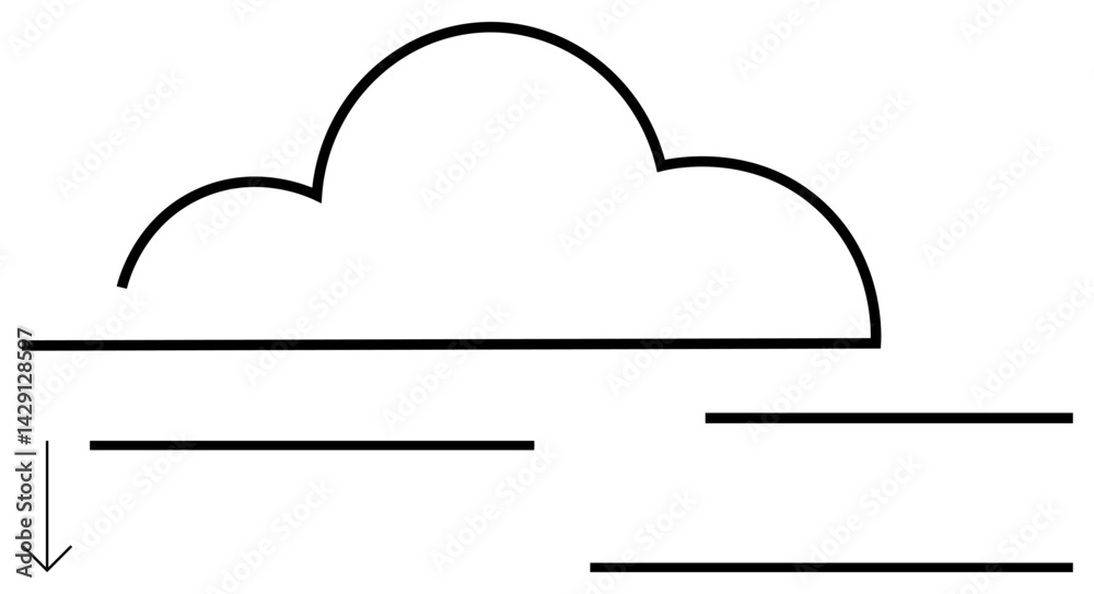 Fototapeta premium Cloud graphic with horizontal lines and downward arrow symbolizing hosting, data sharing, or upload. Ideal for cloud storage, computing, internet, backup, transfer, communication and upload themes
