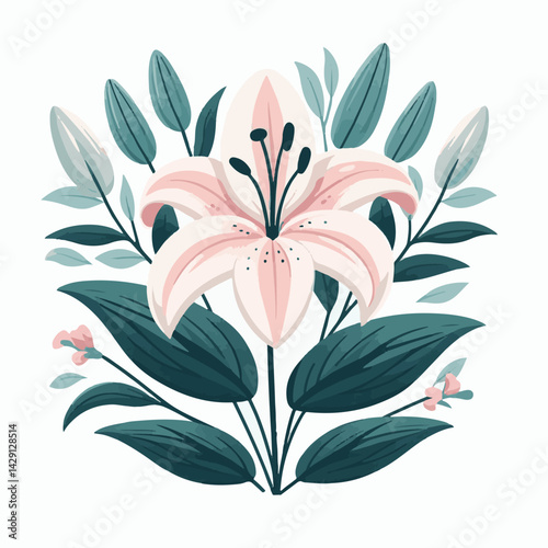 floral, lily, flower, nature, blossom, plant, white, background, spring, flora, bouquet, isolated, botanical, decoration, summer, botany, leaf, bloom, beautiful, green, closeup, petal, illustration, g