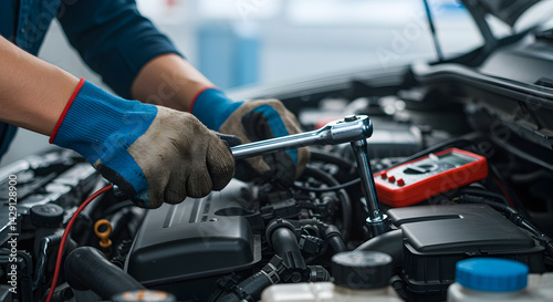 Wallpaper Mural Mechanic Working on Car Engine Repairing with Wrench and Multimeter Wearing Blue Gloves in Garage Under Bright Lighting Torontodigital.ca