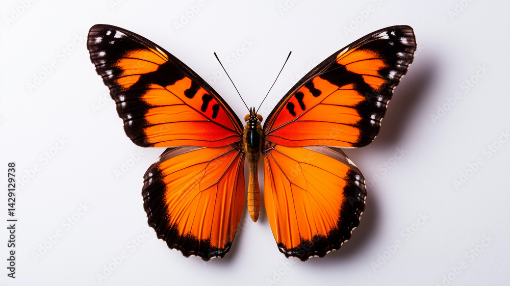 Fototapeta premium stunning butterfly with vibrant orange wings and intricate black patterns rests gracefully on white background, showcasing its beauty and delicate features
