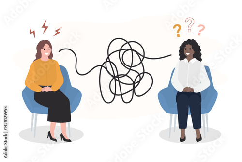 Bad communication concept. Business Women talking through messy chaos, tangled line make people confused. Misunderstanding create confusion in work. Colleagues arguing,