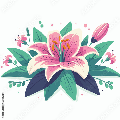 floral, lily, flower, nature, blossom, plant, white, background, spring, flora, bouquet, isolated, botanical, decoration, summer, botany, leaf, bloom, beautiful, green, closeup, petal, illustration, g