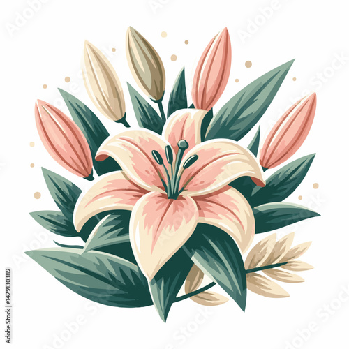 floral, lily, flower, nature, blossom, plant, white, background, spring, flora, bouquet, isolated, botanical, decoration, summer, botany, leaf, bloom, beautiful, green, closeup, petal, illustration, g