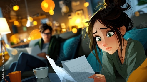 Wallpaper Mural Young woman worried while reading a letter at home with man in background in cozy modern living room Torontodigital.ca