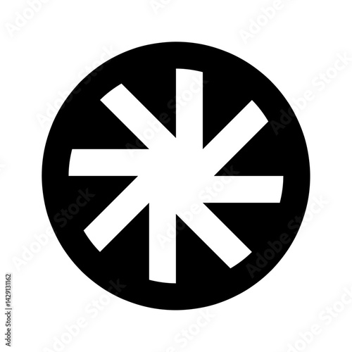 Illustration of a white asterisk like shape centered within a black circle and set against a white backdrop
