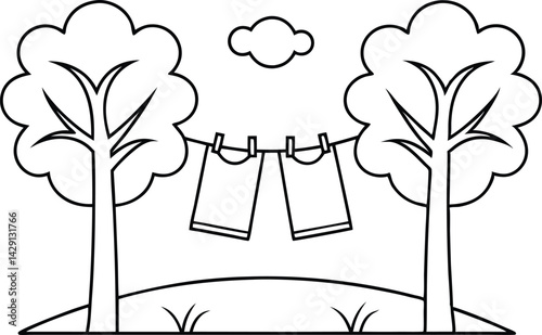 Outline Landscape with Trees, Cloud, Clothesline, and Clothes on White Background